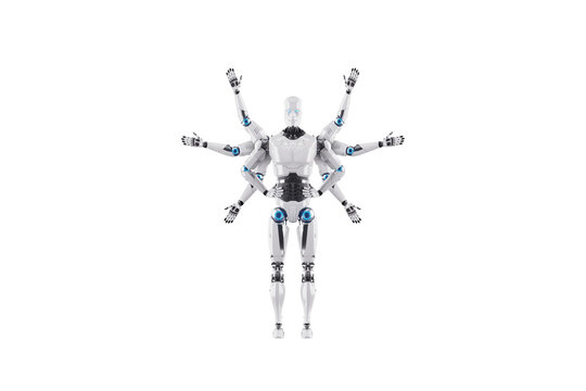 Modern Robot with multiple hands, multifunctional robot able to do several things at the same time. Concept of process automation, artificial intelligence, job loss. 3D illustration, 3D renders.