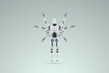 Modern Robot with multiple hands, multifunctional robot able to do several things at the same time. Concept of process automation, artificial intelligence, job loss. 3D illustration, 3D renders.