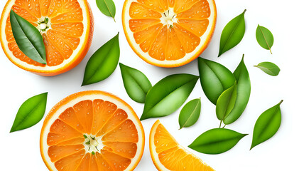 Orange fruit with green leaves. Set composition of food photography