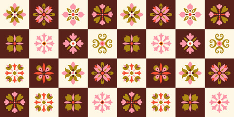 Modern abstract folk tile seamless pattern. Patchwork retro design, mosaic. Ethnic floral and geometric tile background, digital paper, wrapping paper. 