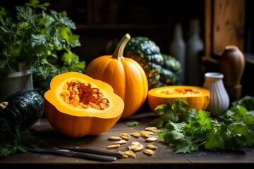 A vibrant image of a freshly harvested butternut squash resting on a rustic wooden table, surrounded by autumn leaves and other seasonal vegetables, under the soft glow of the afternoon sun
