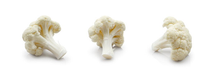 Fresh cauliflower pieces isolated on white background. Dietary natural vegetarian food.     