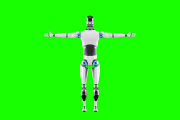 Technological modern robot body full body , photorealism. Neural networks and Artificial Intelligence, technology, AI analyzing information. 3D illustration, 3D rendering, copy space.