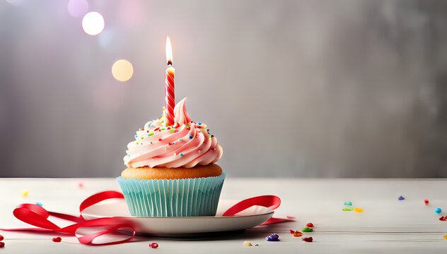 Birthday cupcake with lit birthday candle. Photography set composition.