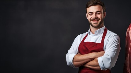 Butcher pose with meat in kitchen, copy space