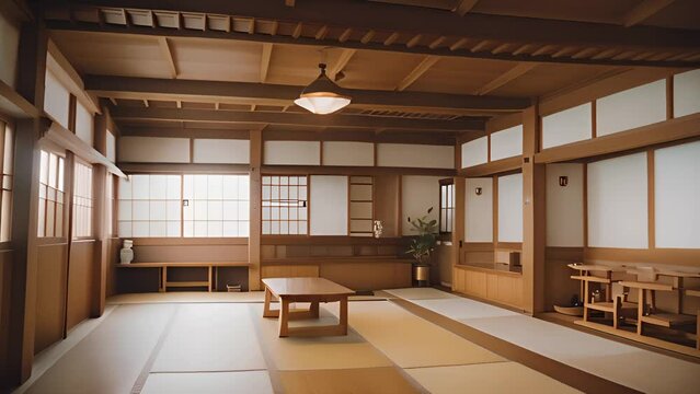 Spacious room for martial arts practicing. Traditional interior for dojo or karate school hall. AI generative.