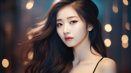 Fototapeta premium Beautiful Asian Model in Elegant Portrait, Graceful Woman with Striking Features in Fashion Photography