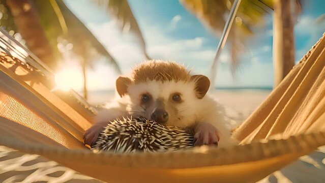 Cute hedgehog relaxing in hammock on the tropical beach. AI generative.