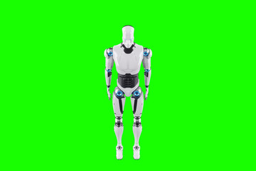 Technological modern robot body full body , photorealism. Neural networks and Artificial Intelligence, technology, AI analyzing information. 3D illustration, 3D rendering, copy space.