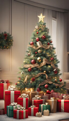 Fototapeta na wymiar vertical image, gifts under the Christmas tree, christmas tree in the house,