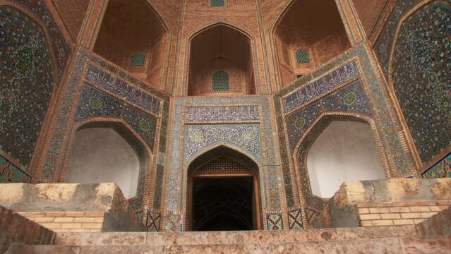 Steps in front of the entrance to the ancient Mir-i-Arab Madrasa complex. Mir Arab madrasasi, the Po-i-Kalyan ensemble, Bukhara, Uzbekistan.