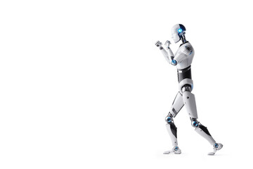 Fototapeta na wymiar Technological modern robot, full body, in boxing pose on white background. Neural networks and artificial intelligence, technology, machine learning. 3D illustration, 3D rendering, copy space