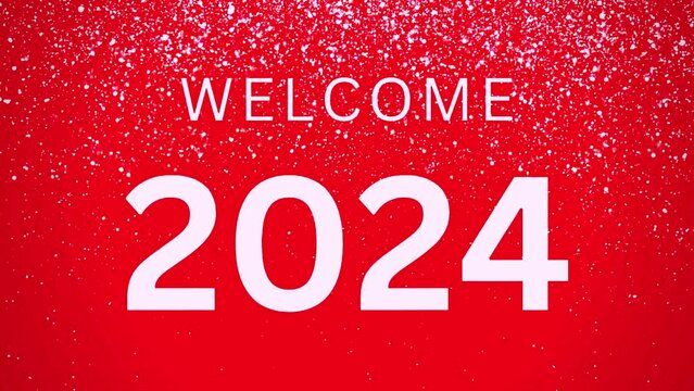 Animated video footage of welcome 2024 with falling snow on a red background - Happy New Year