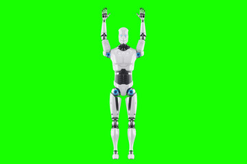 Technological modern robot body full body , photorealism. Neural networks and Artificial Intelligence, technology, AI analyzing information. 3D illustration, 3D rendering, copy space.