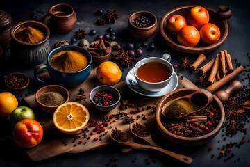 Obraz na płótnie Canvas Composition of tea with spice and fruits