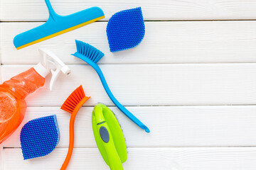 Flat lay of sprey bottles and cleaning products, top view