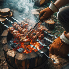 A person is cooking a chicken in the forest on the stove, turning the skewers, a meal in the nature, a skewered chicken and a grill in the nature