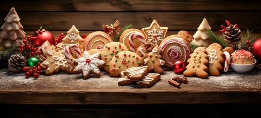 Festive christmas cookies and decorations on a rustic wooden table