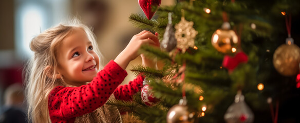 Happy young girl decorating christmas tree with red ornaments