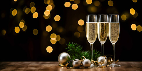 Champagne flutes with golden bubbles and festive decorations