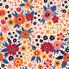 Blooming Meadow Boho Seamless Pattern. Ditsy Print. Wildflowers Vintage Background. Simple Different Small Flowers. Millefleurs Liberty Style Floral Design For Fabric, Paper, Surface Design