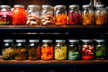 Jars of different colorful and vibrant fungi on a wooden shelves. - Powered by Adobe