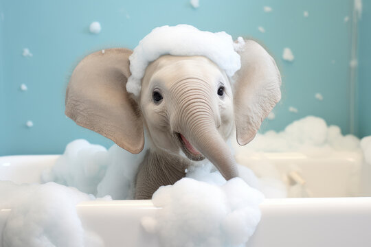 Cute baby elephant in a bathtub with soapy foam in the tub.