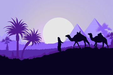 Camel caravan with pyramids and desert landscape, sunset or sunrise. Vector illustration. 