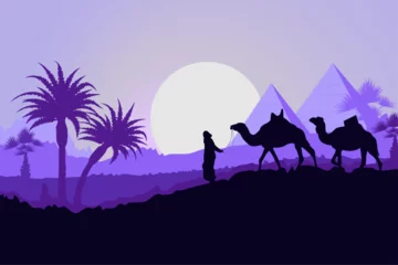 Schilderijen op glas Camel caravan with pyramids and desert landscape, sunset or sunrise. Vector illustration.  © Евгений Горячев