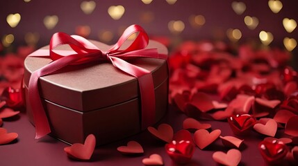Heart-Shape Box with Valentine's Gift - obrazy, fototapety, plakaty