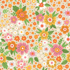 Blooming Meadow Boho Seamless Pattern. Ditsy Print. Wildflowers Vintage Background. Simple Different Small Flowers. Millefleurs Liberty Style Floral Design For Fabric, Paper, Surface Design