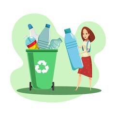 
Plastic pollution illustration set. A girl sorts plastic waste. Support proper disposal and recycling of waste. Conscious consumption concept