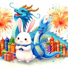 Blue dragon, rabbit, firecrackers