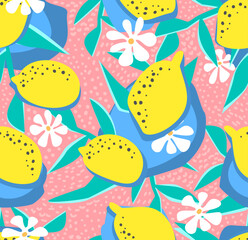 abstract lemons garden fruits, floral leaves branches and flowers seamless pattern, modern contemporary bold bright pastels candy colors Mediterranean coast repeat texture, vector illustration