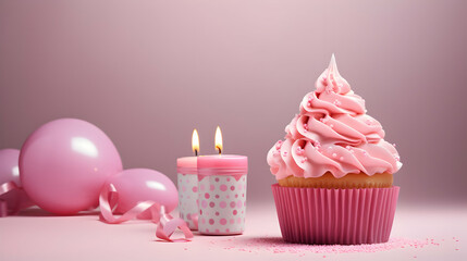 Obraz na płótnie Canvas Birthday Background with Pink Birthday Cupcake and Candle, Birthday Gift and Party Hat, Copy Space Generative AI