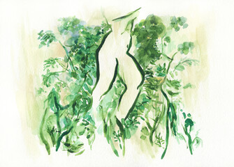 abstract woman with plants. watercolor painting. illustration