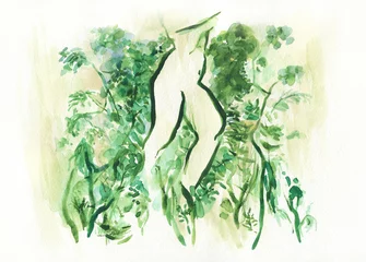 Zelfklevend Fotobehang abstract woman with plants. watercolor painting. illustration © Anna Ismagilova