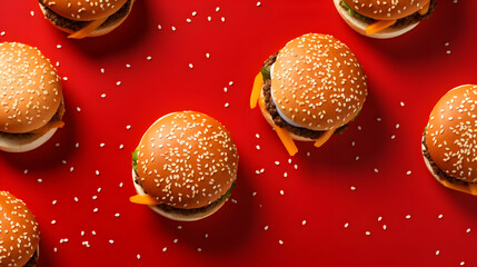 Burgers pattern red background, minimal junk food concept, fast food isolated, Generated With Ai.