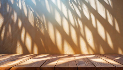wooden table with window shadow drop, stucco wall, background for products, copy space, 