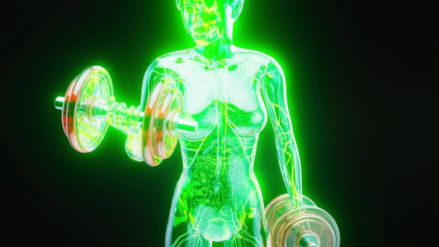4K abstract animation of a woman with weights