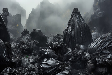 mountains of trash in black plastic bags