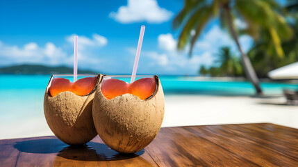 Coconut cocktail on tropical white sand beach heart shape funny sunglasses,Generated Ai - obrazy, fototapety, plakaty