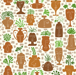 funky groovy fun houseplants with one line hand drawn faces pots and vases, ancient boho chic bohemian Mediterranean home decor design, vector illustration seamless pattern.