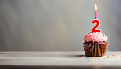 Birthday cupcake with lit birthday candle Number two for two years or second anniversary - obrazy, fototapety, plakaty