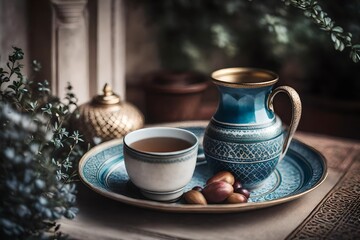 Fototapeta premium moroccan tea in a luxurious riad background