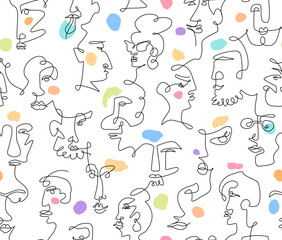 whimsical modern fun quirky male and female one line drawing boho abstract  seamless pattern, outline single line faces in black stroke and colorful pastel brushstrokes elements repeat texture