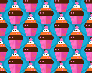 vintage dessert cupcakes in pink blue brown orange bright color palette seamless pattern, vector illustration repeat texture
