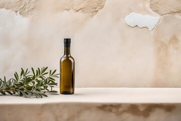 olive oil bottle container on ancient tuscan stucco wall background - obrazy, fototapety, plakaty