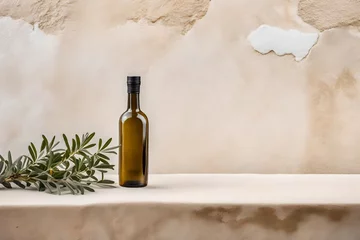 Fotobehang olive oil bottle container on ancient tuscan stucco wall background © eric