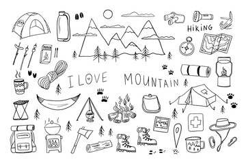 Cute set of mountains, camping, hiking elements in doodle style. Climbing. Picnic, travel accessories and equipment. Travel design. Adventure. Hand drawn vector illustration Great for prints, poster - obrazy, fototapety, plakaty
